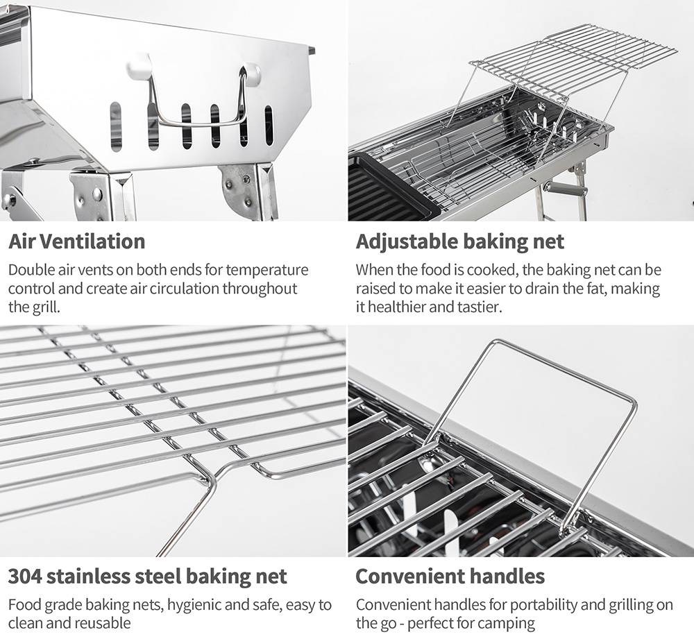 Portable Folding Barbecue Grill Stainless Steel Material Adjustable Height and Angle With Nonstick Square Baking Pan For Outdoor Camping Terrace Picnic - Silver