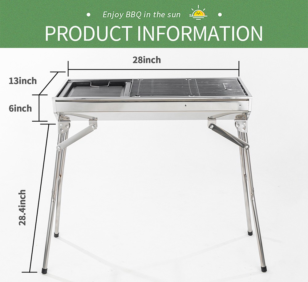 Portable Folding Barbecue Grill Stainless Steel Material Adjustable Height and Angle With Nonstick Square Baking Pan For Outdoor Camping Terrace Picnic - Silver