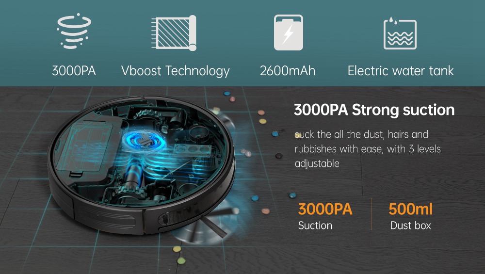 Proscenic 850T רובוט חכם מנקה 3000Pa יניקה שלושה מצבי ניקוי 500 מ"ל אבק אספן 300 מ"ל מיכל מים חשמלי Alexa Google בית בקרת אפליקציות - שחור