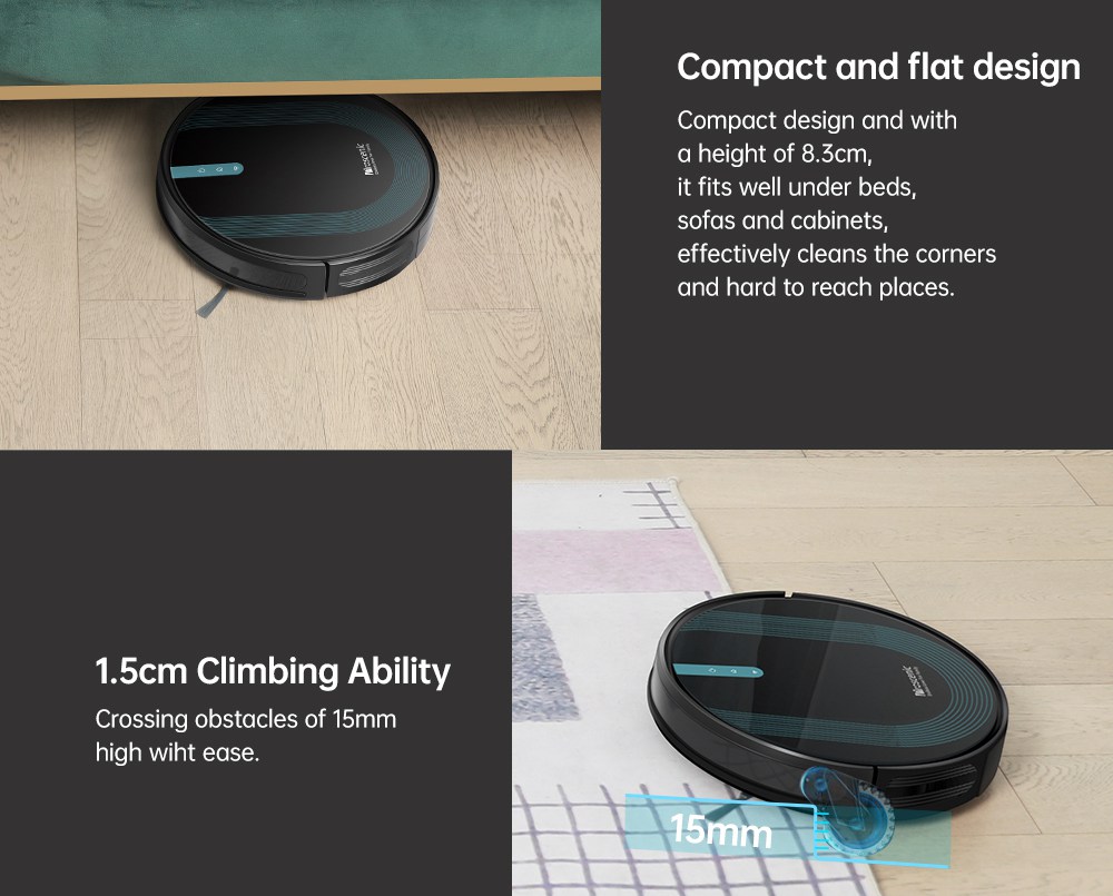 Proscenic 850T Smart Roboterreiniger 3000Pa Absaugung Drei Reinigungsmodi 500ml Staubsammler 300ml Elektrischer Wassertank Alexa Google Home App Control - Schwarz