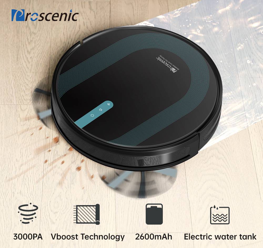 Proscenic 850T Smart Robot Cleaner 3000Pa Suction Three Cleaning Modes 500ml Dust Collector 300ml Electric Water Tank Alexa Google Home App Control - Black