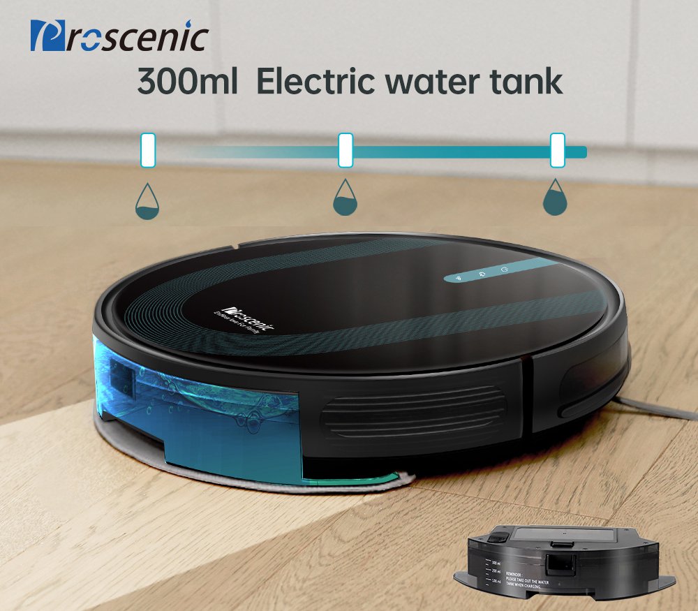 Proscenic 850T Smart Roboterreiniger 3000Pa Absaugung Drei Reinigungsmodi 500ml Staubsammler 300ml Elektrischer Wassertank Alexa Google Home App Control - Schwarz