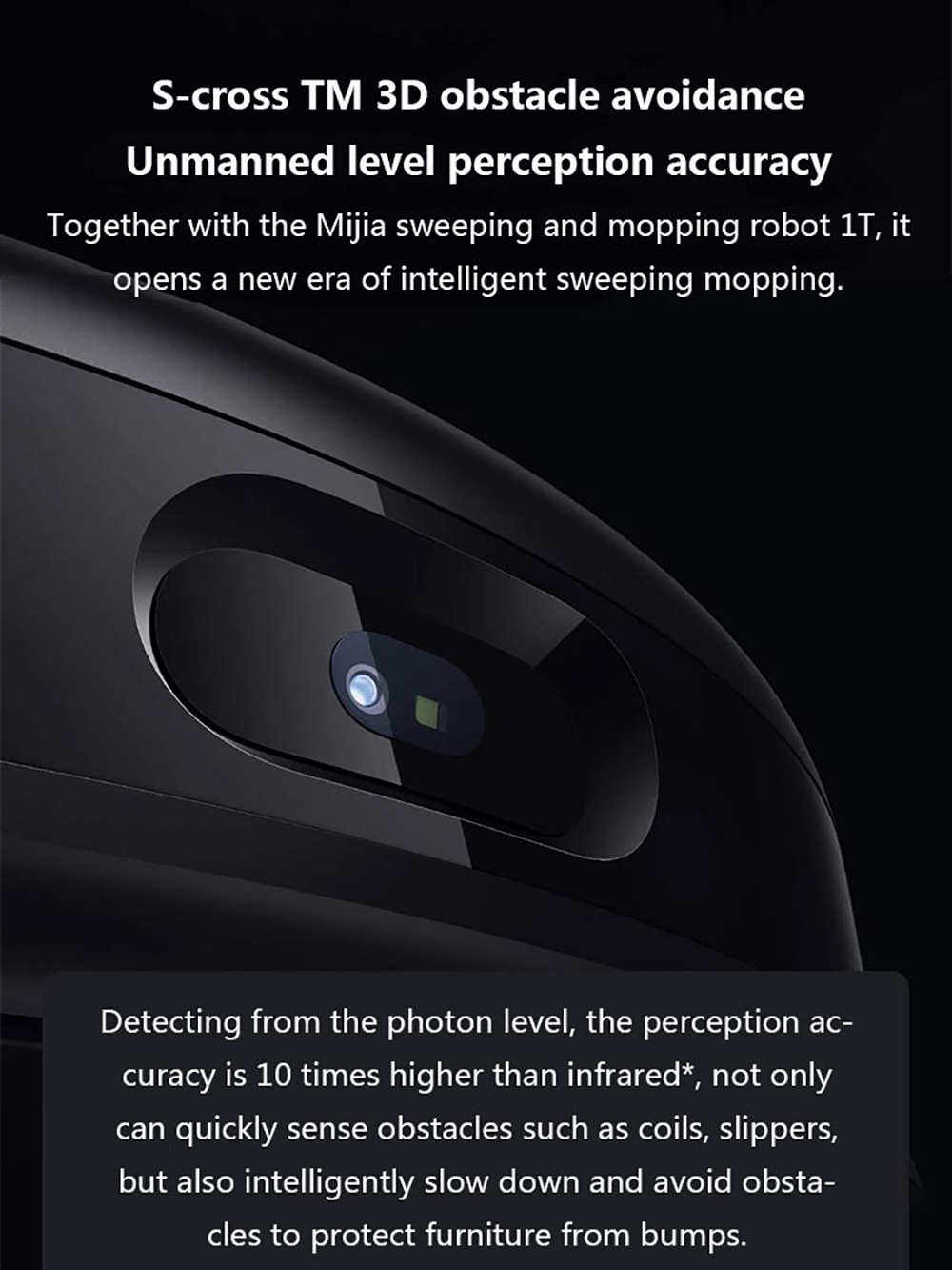Xiaomi Mijia 1T Robot Vacuum Cleaner Visual Dynamic Navigation 3000pa Suction 3D Obstacle Avoidance 5200mAh Battery 180min Running Time APP Control - Black