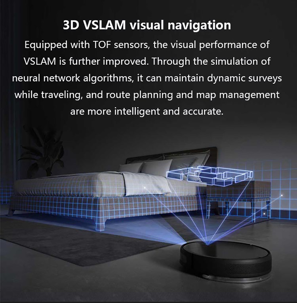 Xiaomi Mijia 1T Robot Vacuum Cleaner Visual Dynamic Navigation 3000pa Suction 3D Obstacle Avoidance 5200mAh Battery 180min Running Time APP Control - Black