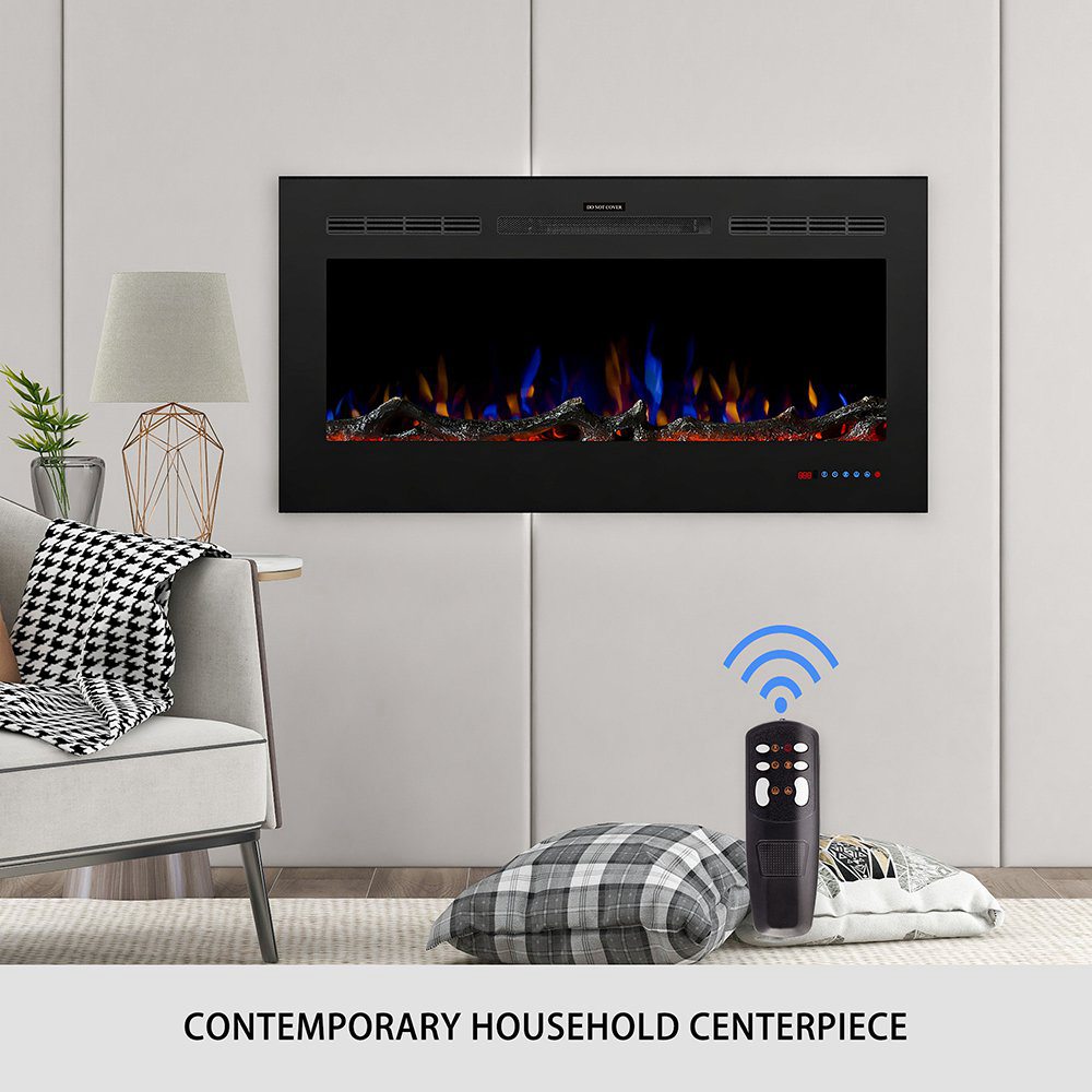 42 inch Wall Mounted Electric Fireplace Light Modulator Two Heating Modes Three Flame Effects Remote Touch Screen Control With Timer For Bedroom Office - Black