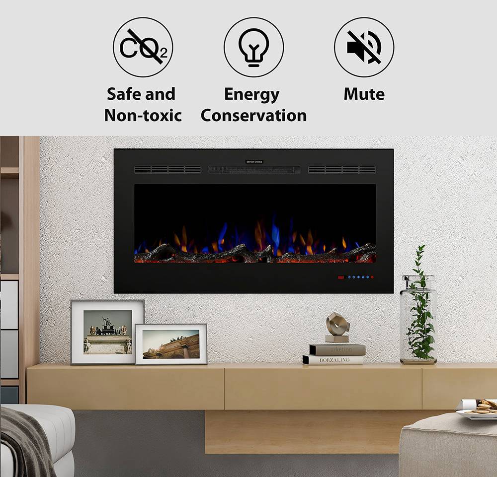 42 inch Wall Mounted Electric Fireplace Light Modulator Two Heating Modes Three Flame Effects Remote Touch Screen Control With Timer For Bedroom Office - Black