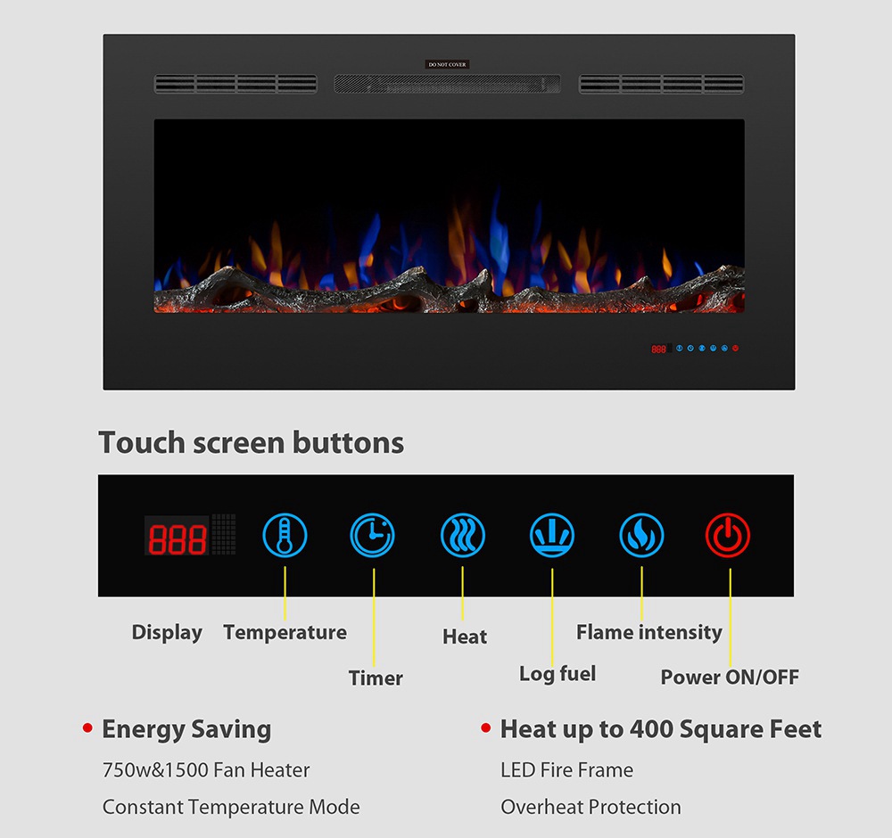 42 inch Wall Mounted Electric Fireplace Light Modulator Two Heating Modes Three Flame Effects Remote Touch Screen Control With Timer For Bedroom Office - Black
