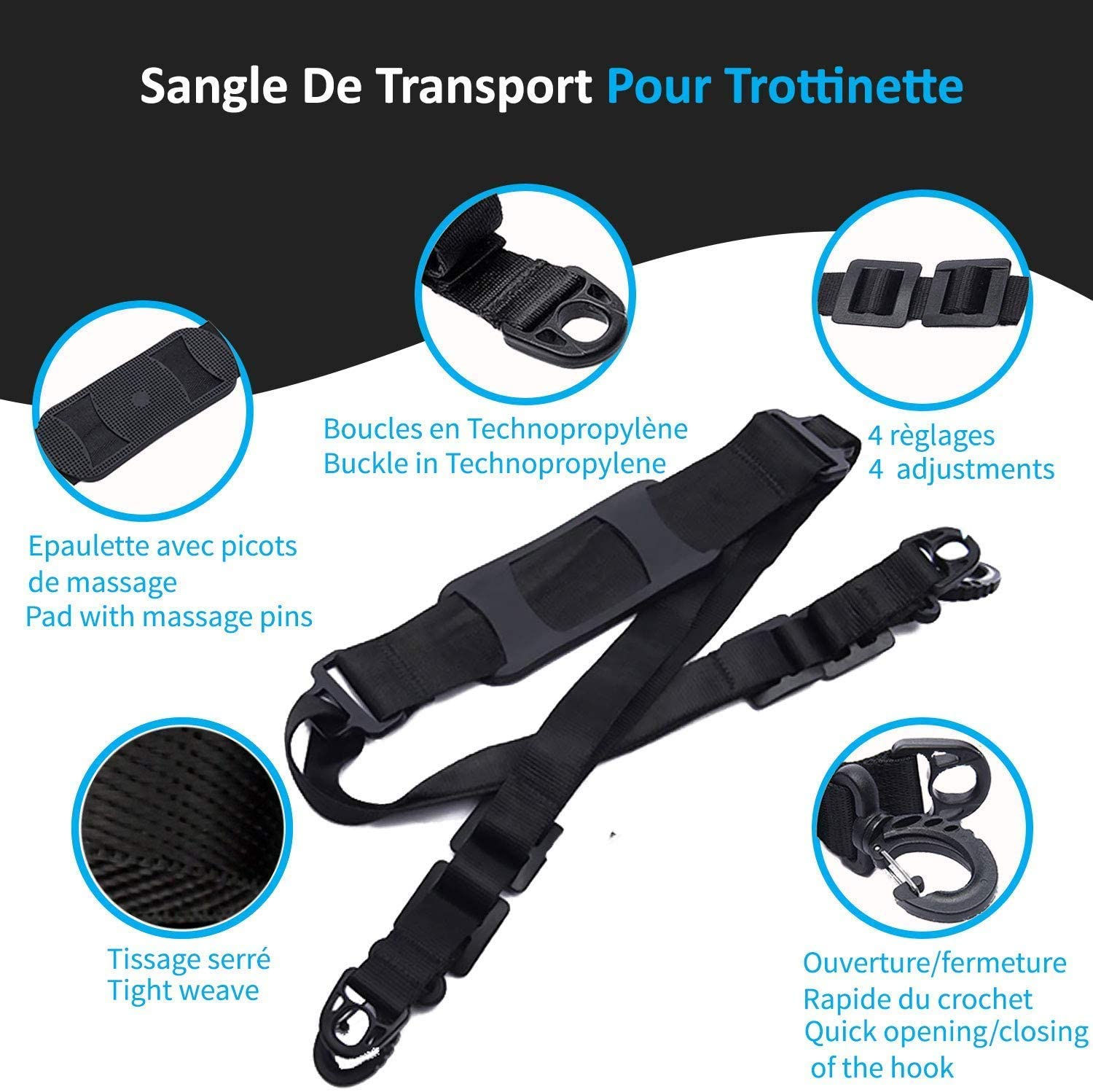 Electric Scooter Shoulder Strap Belt Hand Strap Belt Portable Transport Crossbody Bag for Kids Bicycles Folding Bike Xiaomi Mijia Segway Ninebot Electric Scooters Parts Ski Equipment - Black