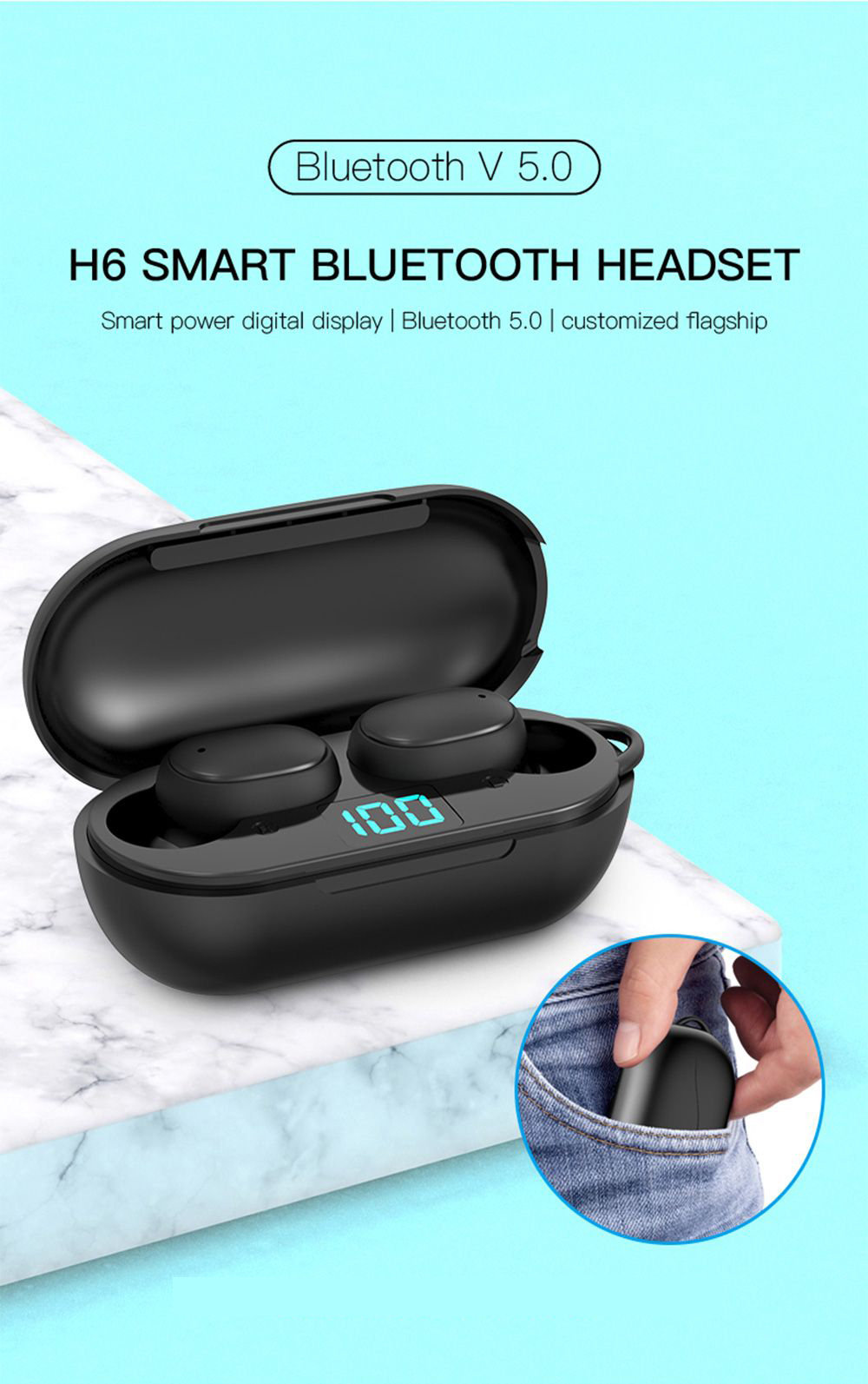 H6 True Wireless Bluetooth 5.0 Earphones Binaural Call Siri Power Display 220mAh Charging Box - Black