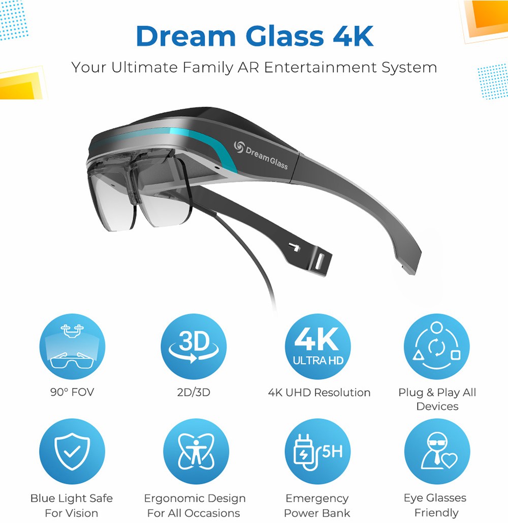 Dream Glass 4K Portable AR Virtual Smart Glasses 200-inch 3D Screen 32GB ROM 8000 mAh Battery Private Cinema Connected to Smartphone tablet game Console - Black