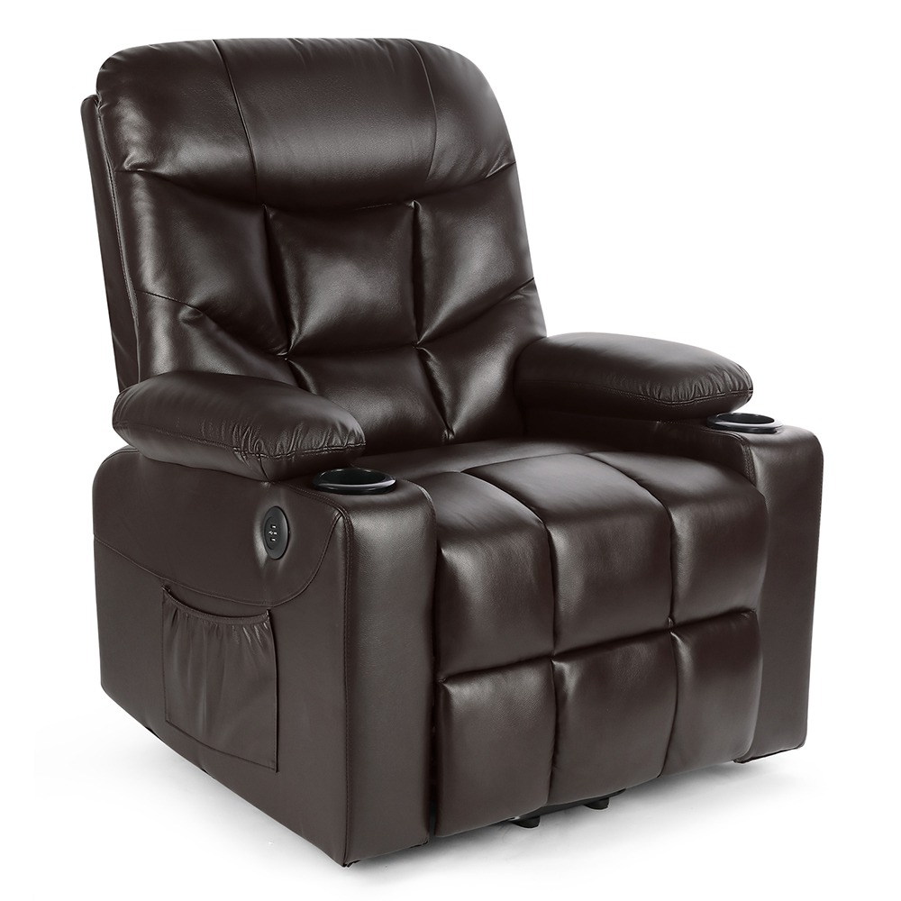 Electric Lift Leather Multifunction Massage Recliner Waist Heating Water and Pollution Resistant For Reading Resting Watching TV - Brown