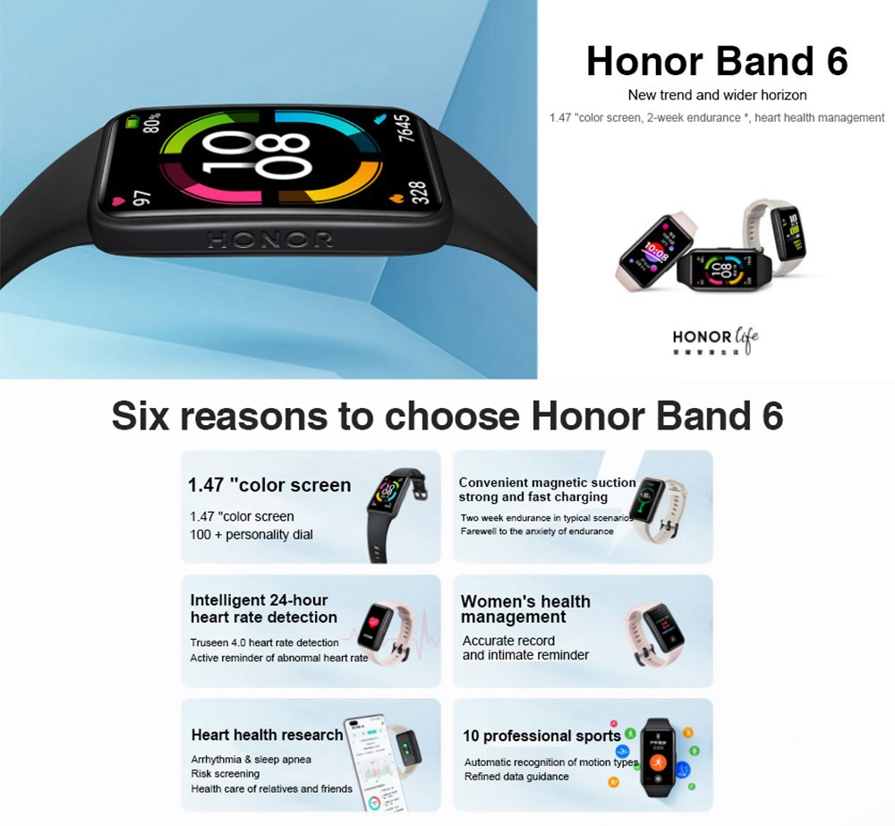 سوار معصم ذكي من HUAWEI Honor Band 6 1.47 "شاشة تعمل باللمس AMOLED مراقب معدل ضربات القلب وأكسجين الدم 10 أوضاع رياضية بلوتوث 5.0 5ATM مقاوم للماء لمدة أسبوعين عمر البطارية - وردي