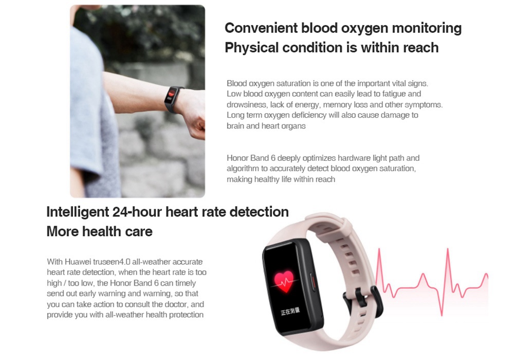 سوار معصم ذكي من HUAWEI Honor Band 6 1.47 "شاشة تعمل باللمس AMOLED مراقب معدل ضربات القلب وأكسجين الدم 10 أوضاع رياضية بلوتوث 5.0 5ATM مقاوم للماء لمدة أسبوعين عمر البطارية - وردي