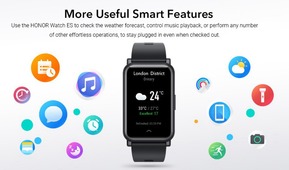HUAWEI Honor ES Smartwatch 1.64 "หน้าจอสัมผัส AMOLED 95 โหมดกีฬาตรวจสอบอัตราการเต้นของหัวใจออกซิเจนในเลือดความดันบลูทู ธ 5.1 5ATM กันน้ำ - สีขาว