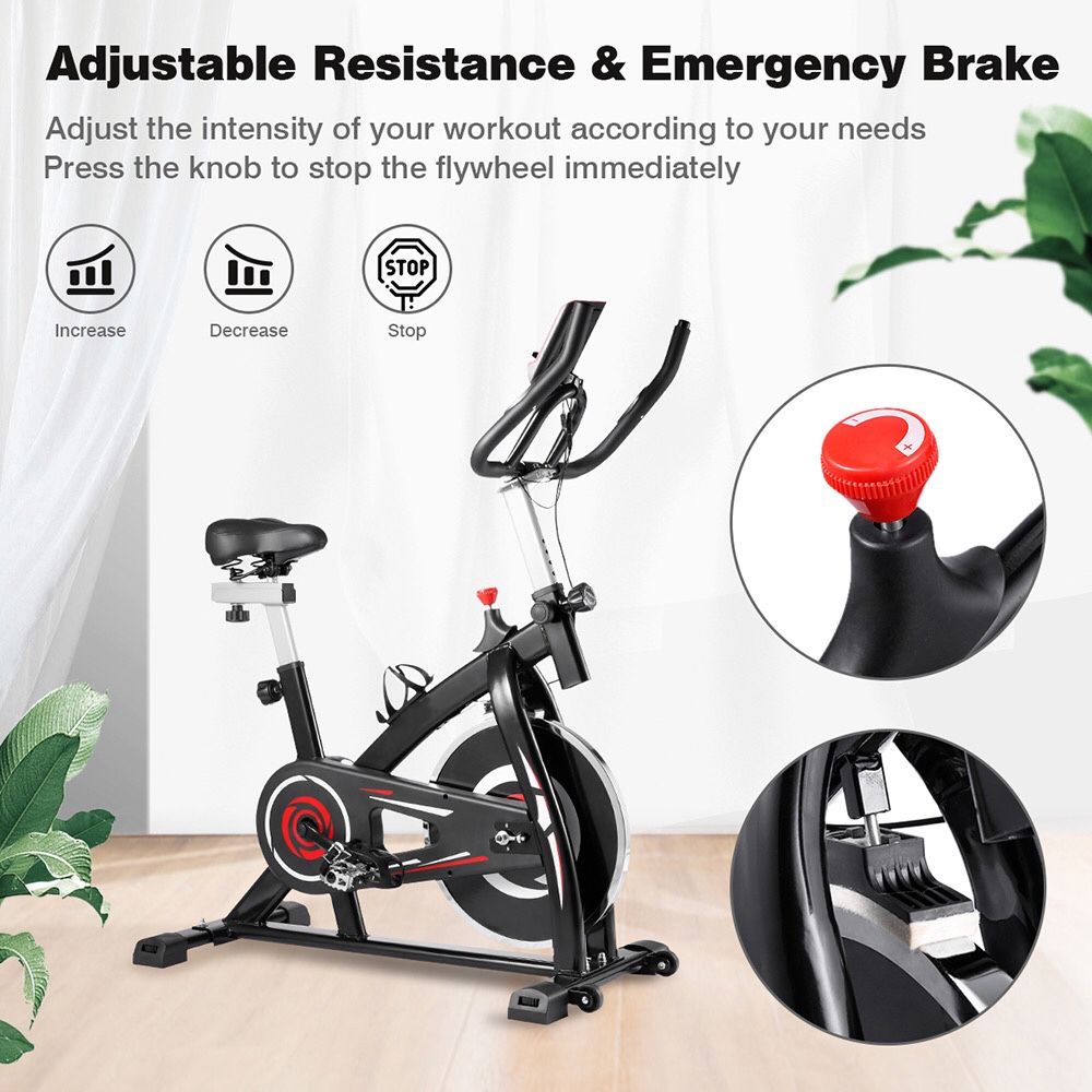 Indoor Cycling Bike with 4-Way Adjustable Handle & Seat, Home Fitness Stationary Aerobic Portable Spinning Bike - Red Black