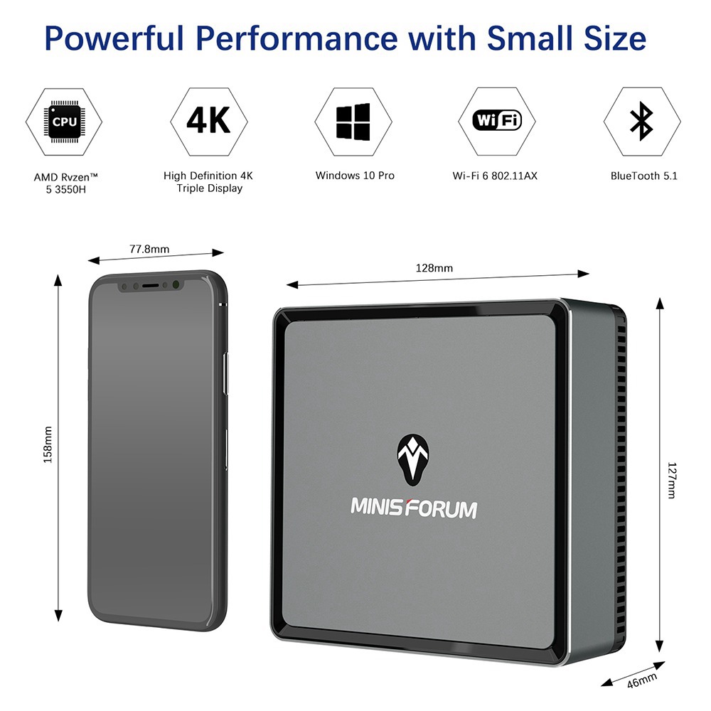 MINISFORUM DeskMini DMAF5 MINI PC 16GB DDR4 512GB SSD AMD Ryzen5 3550H Quad Core Radeon Vega 5 Graphics HDMI DP RJ45*2