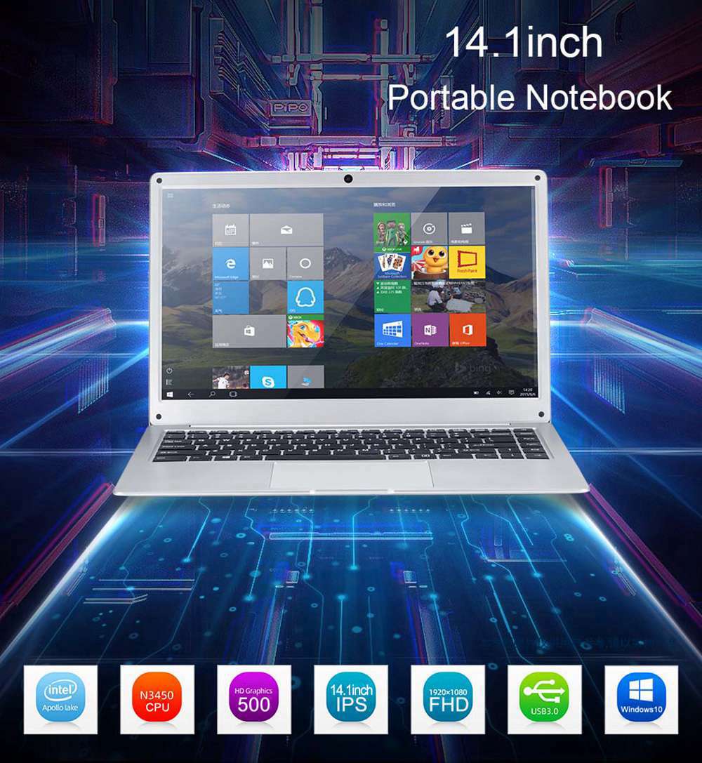 PIPO W14 Laptop 14 Inch Intel Apollo Lake N3450 1920*1080 FHD IPS 8GB RAM 128GB eMMC +128GB SSD Windows 10 - Silver