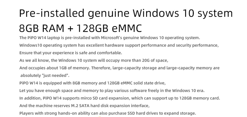 PIPO W14 Laptop 14 Inch Intel Apollo Lake N3450 1920*1080 FHD IPS 8GB RAM 128GB eMMC +128GB SSD Windows 10 - Silver
