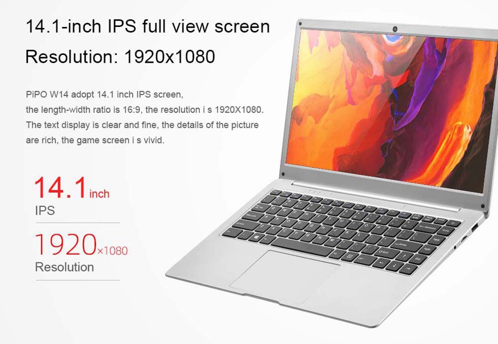 PIPO W14 Laptop 14 Inch Intel Apollo Lake N3450 1920*1080 FHD IPS 8GB RAM 128GB eMMC +256GB SSD Windows 10 - Silver
