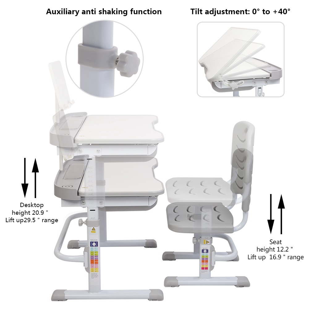 ZTGM Tiltable Non-slip Table and Chair Combination Height Adjustable Easy to Assemble and Clean With Reading Rack For Children to Learn to Read - Gray