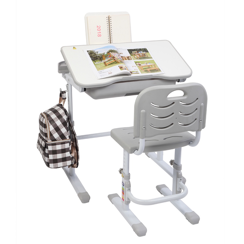 ZTGM Combinaison table et chaise antidérapante inclinable réglable en hauteur Facile à assembler et à nettoyer avec support de lecture pour que les enfants apprennent à lire - Gris