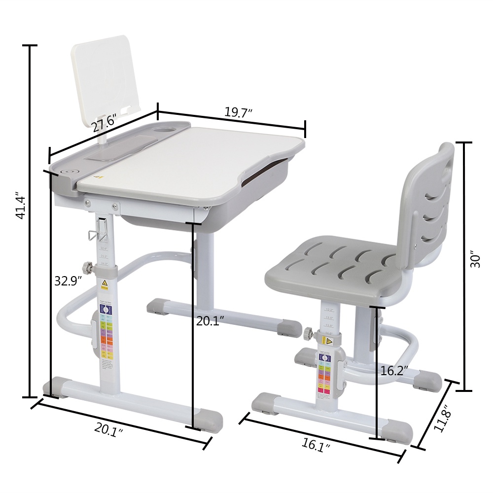 ZTGM Tiltable Non-slip Table and Chair Combination Height Adjustable Easy to Assemble and Clean With Reading Rack For Children to Learn to Read - Gray