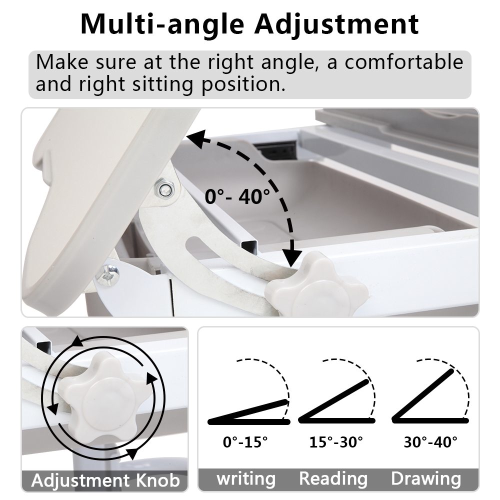 ZTGM Tiltable Non-slip Table and Chair Combination Height Adjustable Easy to Assemble and Clean With Reading Rack For Children to Learn to Read - Gray