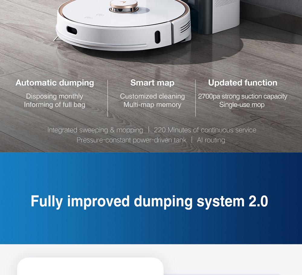 Xiaomi VIOMI S9 Robot Vacuum Cleaner + Automatic Suction Station 2700Pa Suction 250ml Electric Water Tank 5200mAh Battery Running Time 220min Support Mijia APP Control EU Plug - White
