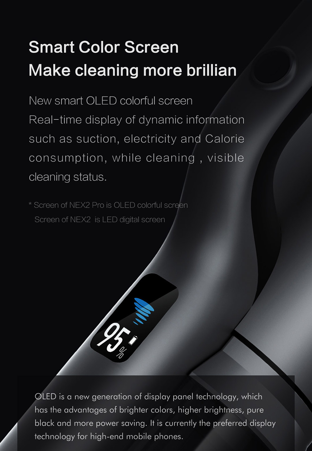 ROIDMI NEX 2 Pro Portable Smart Handheld Cordless Vacuum Cleaner  26500Pa Strong Suction 435W Motor 2500mAh Battery APP Control OLED Display From Xiaomi Youpin - Grey