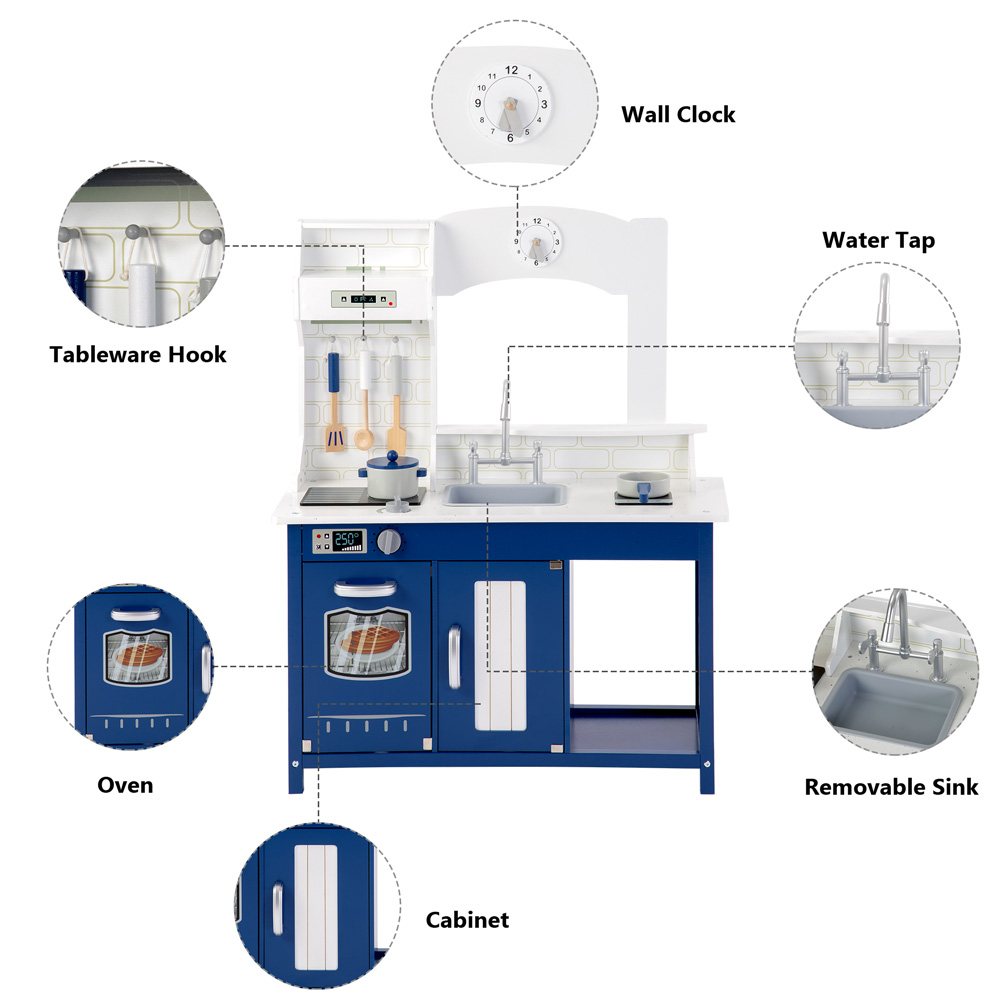 Wooden Play Kitchen Pretend Play Toy Children's Role Play Kitchen Playset - Blue