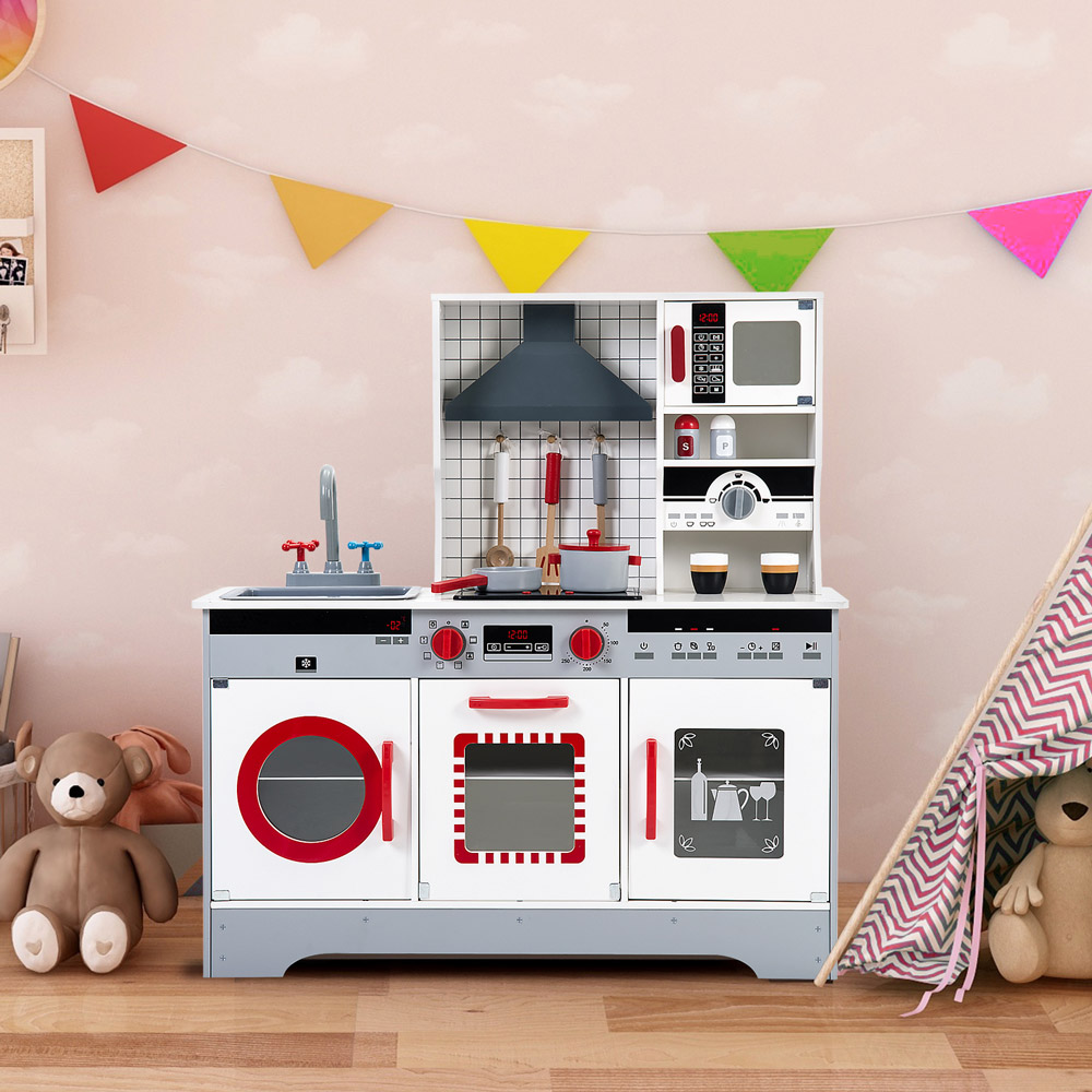 Wooden Play Kitchen Pretend Play Toy Children's Role Play Kitchen Playset - Grey + Red