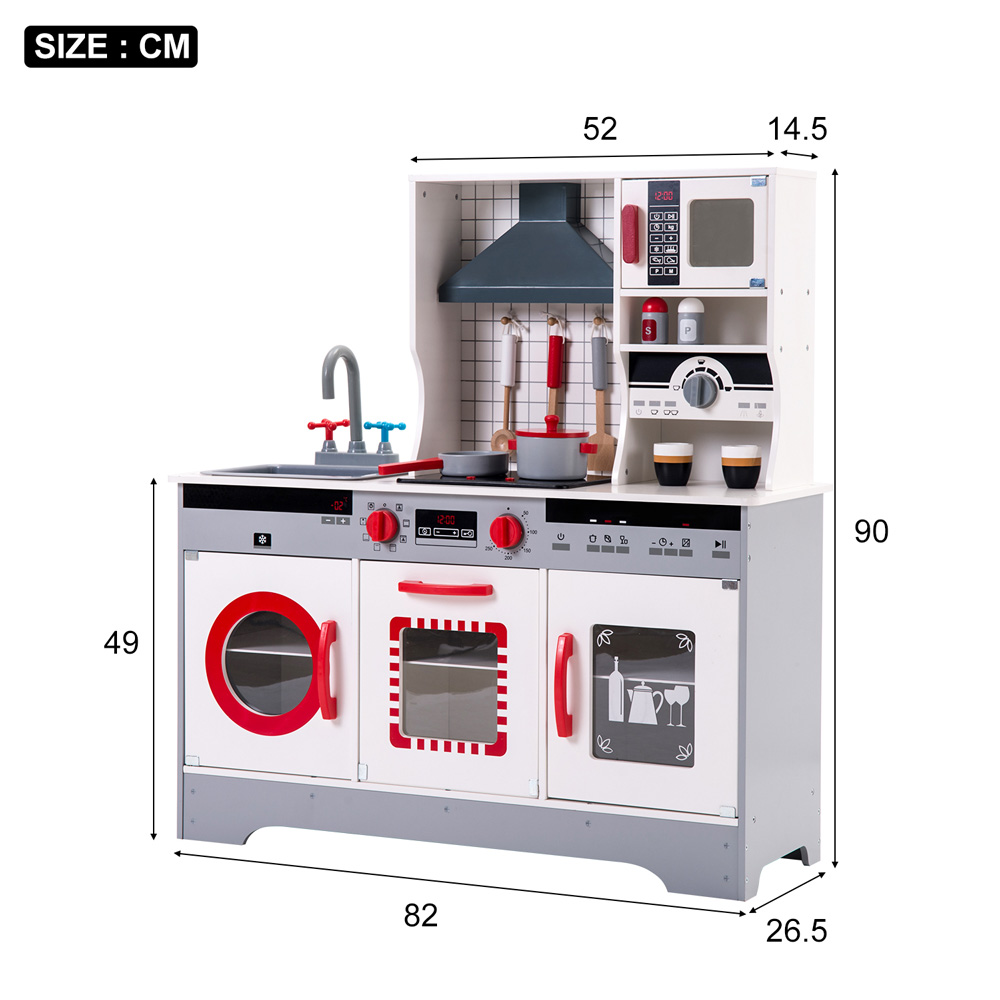 Wooden Play Kitchen Pretend Play Toy Children's Role Play Kitchen Playset - Grey + Red