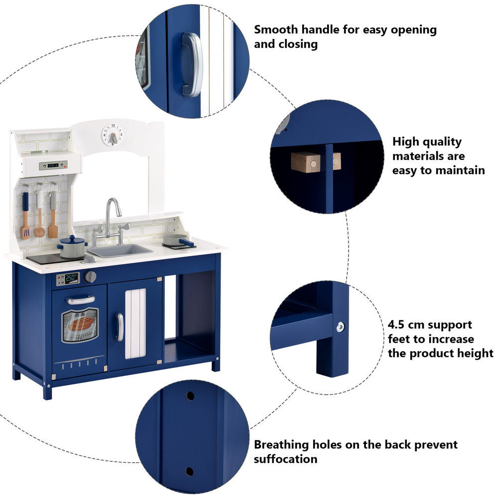 Wooden Play Kitchen Pretend Play Toy Children's Role Play Kitchen Playset - Blue