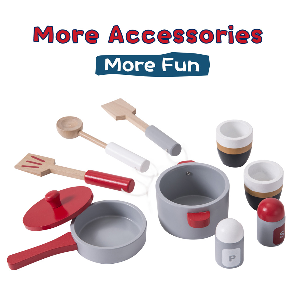 Wooden Play Kitchen Pretend Play Toy Children's Role Play Kitchen Playset - Grey + Red