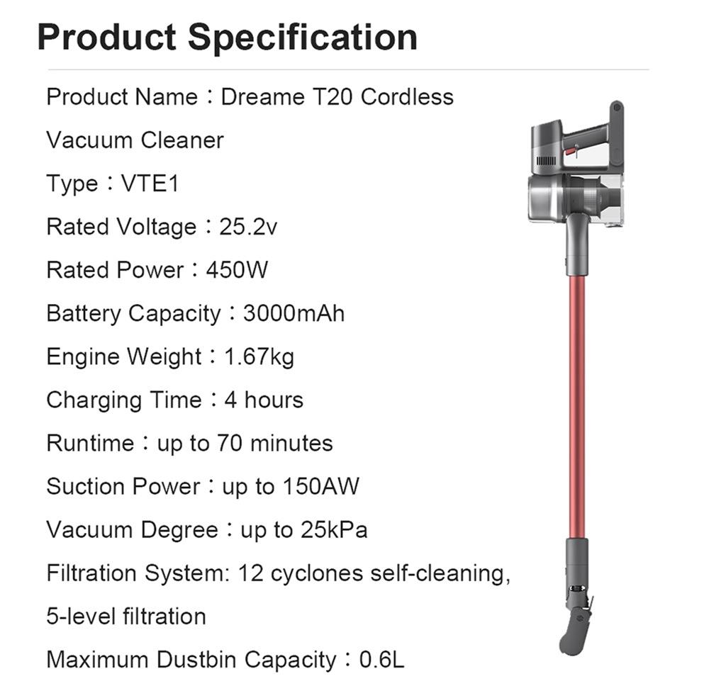 Dreame T20 Cordless Handheld Lightweight Vacuum Cleaner 25Kpa Powerful Suction 70 mins Runtime 5-stage Filtration System Cleaning Efficiency 99.97% Anti-tangling Hair with Colorful Screen for Carpet,Hard Floor,Car,and Pet EU Version - Gray