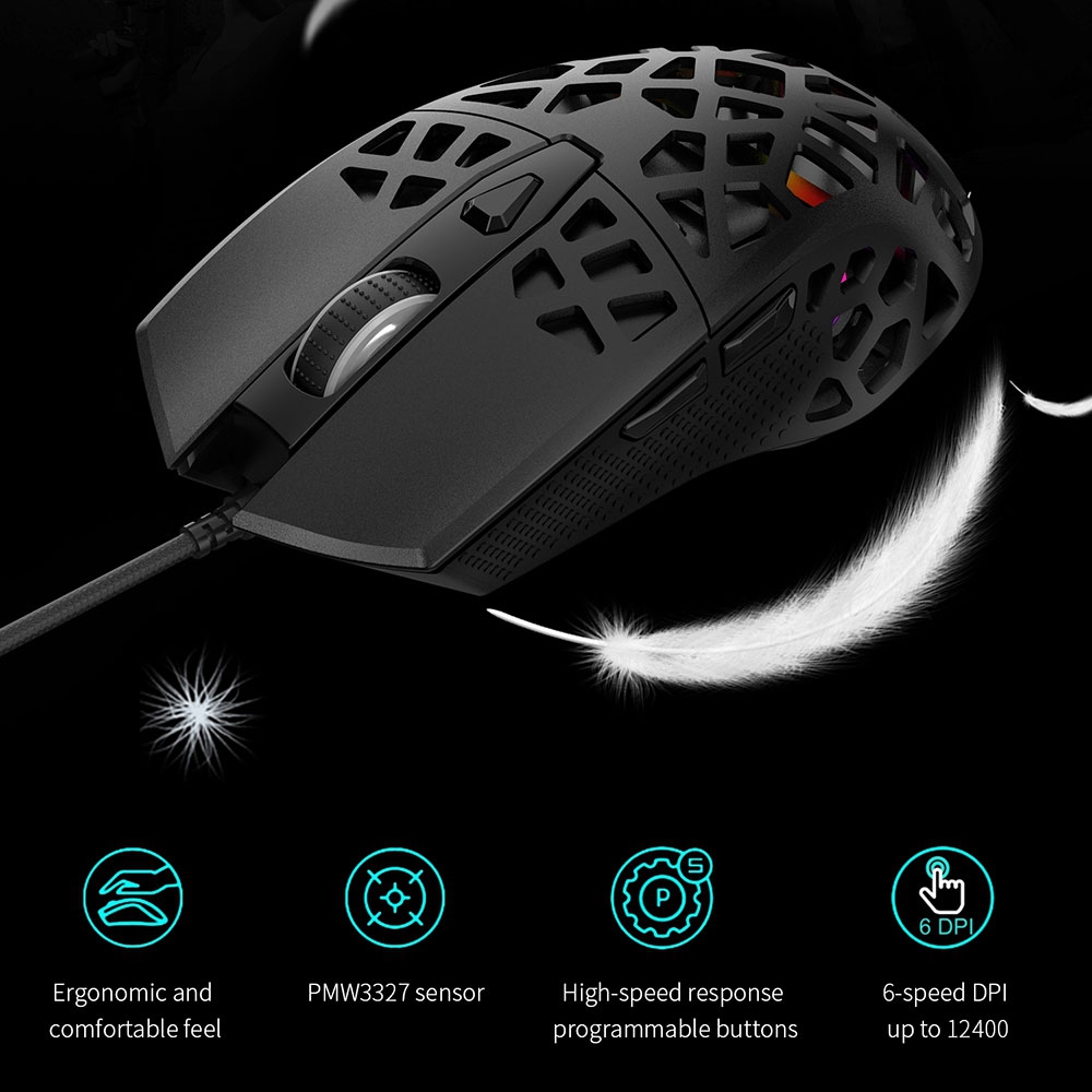 AJAZZ AJ339 Nuovo mouse da gioco RGB con design a nido d'ape ergonomico simmetrico leggero da 65 g - Nero