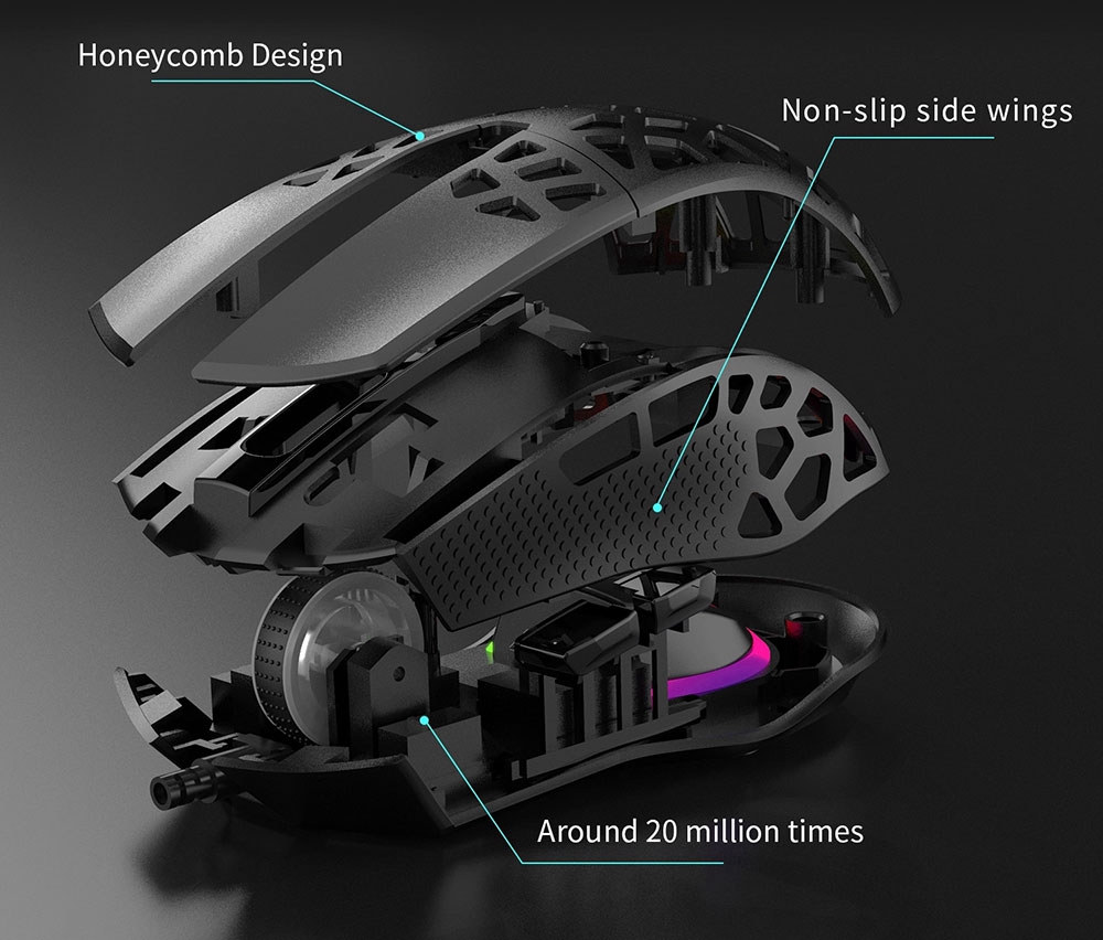 AJAZZAJ339新しい65g軽量対称人間工学的ハニカムデザインRGBゲーミングマウス-ブラック