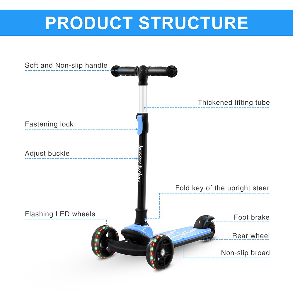 Kick Scooter Glide Scooter with Extra Wide PU Light-Up Wheels and 4 Adjustable Heights for Children from 3-12 years Blue