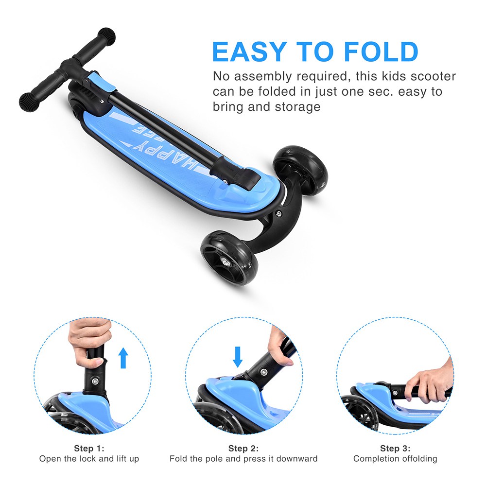 Kick Scooter Glide Scooter with Extra Wide PU Light-Up Wheels and 4 Adjustable Heights for Children from 3-12 years Blue