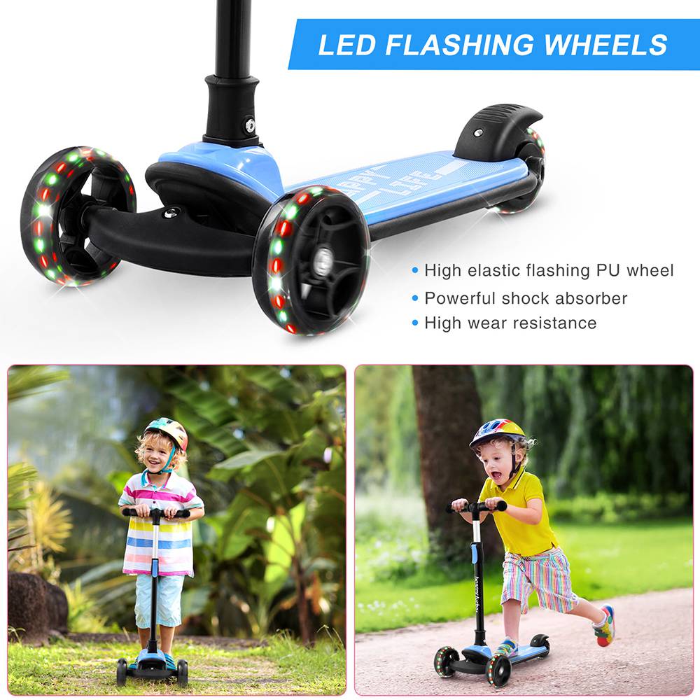 Kick Scooter Glide Scooter with Extra Wide PU Light-Up Wheels and 4 Adjustable Heights for Children from 3-12 years Blue