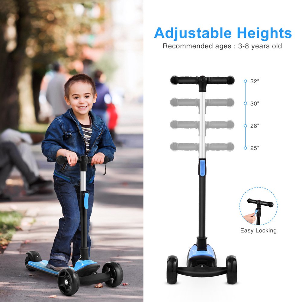 Kick Scooter Glide Scooter with Extra Wide PU Light-Up Wheels and 4 Adjustable Heights for Children from 3-12 years Blue