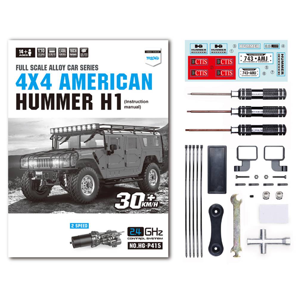 HG P415 2.4G 16CH 1/10 RC Car for Hummer Metal Chassis Vehicles Model w/o Battery Charger - Black Standard Version