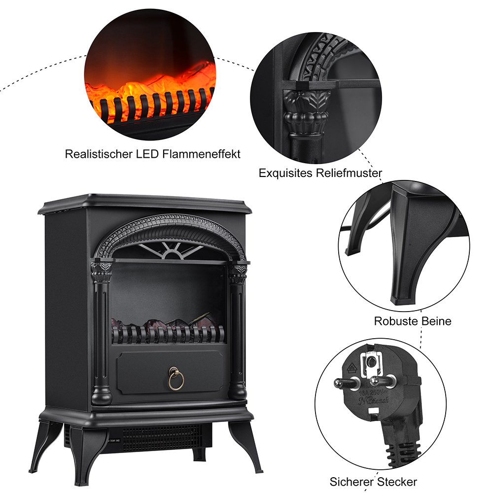 Electric fireplace  with fan heater LED flame effect 2 heating levels  3D realistic fire free-standing stove