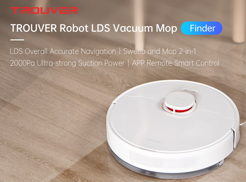 TROUVER Finder Robot Vacuum Cleaner with 5 Level Noise Reduction Integrated Sweeping and Mopping 2000Pa Powerful Suction LDS Laser Navigation 120 Mins Running Time 270ml Electric Water Tank 570ml Dust Box Mijia APP Control for Pets Hair, Carpets and Hard Floor