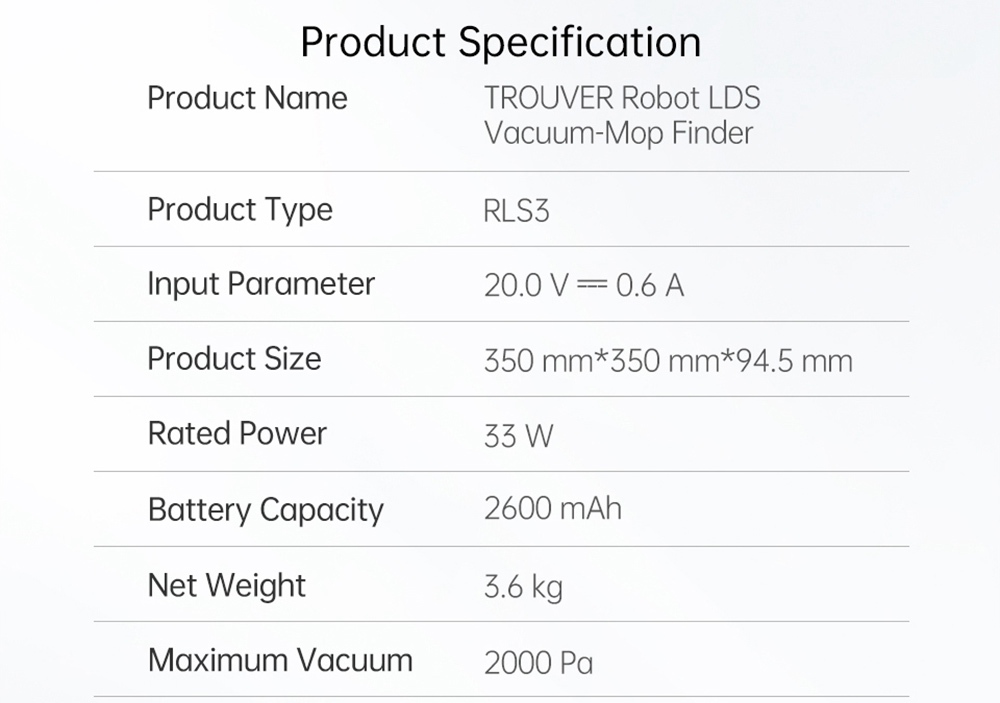 TROUVER Finder Robot Vacuum Cleaner with 5 Level Noise Reduction Integrated Sweeping and Mopping 2000Pa Powerful Suction LDS Laser Navigation 120 Mins Running Time 270ml Electric Water Tank 570ml Dust Box Mijia APP Control for Pets Hair, Carpets and Hard Floor