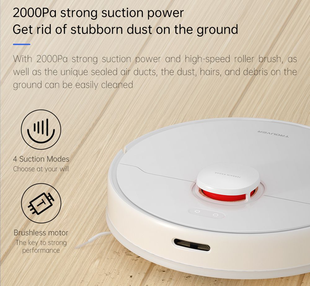 TROUVER Finder Robot Vacuum Cleaner with 5 Level Noise Reduction Integrated Sweeping and Mopping 2000Pa Powerful Suction LDS Laser Navigation 120 Mins Running Time 270ml Electric Water Tank 570ml Dust Box Mijia APP Control for Pets Hair, Carpets and Hard Floor