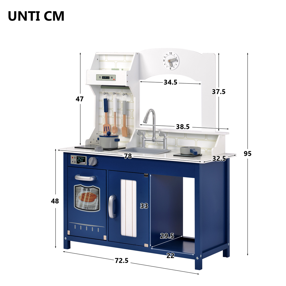 Wooden Play Kitchen Pretend Play Toy Children's Role Play Kitchen Playset - Blue