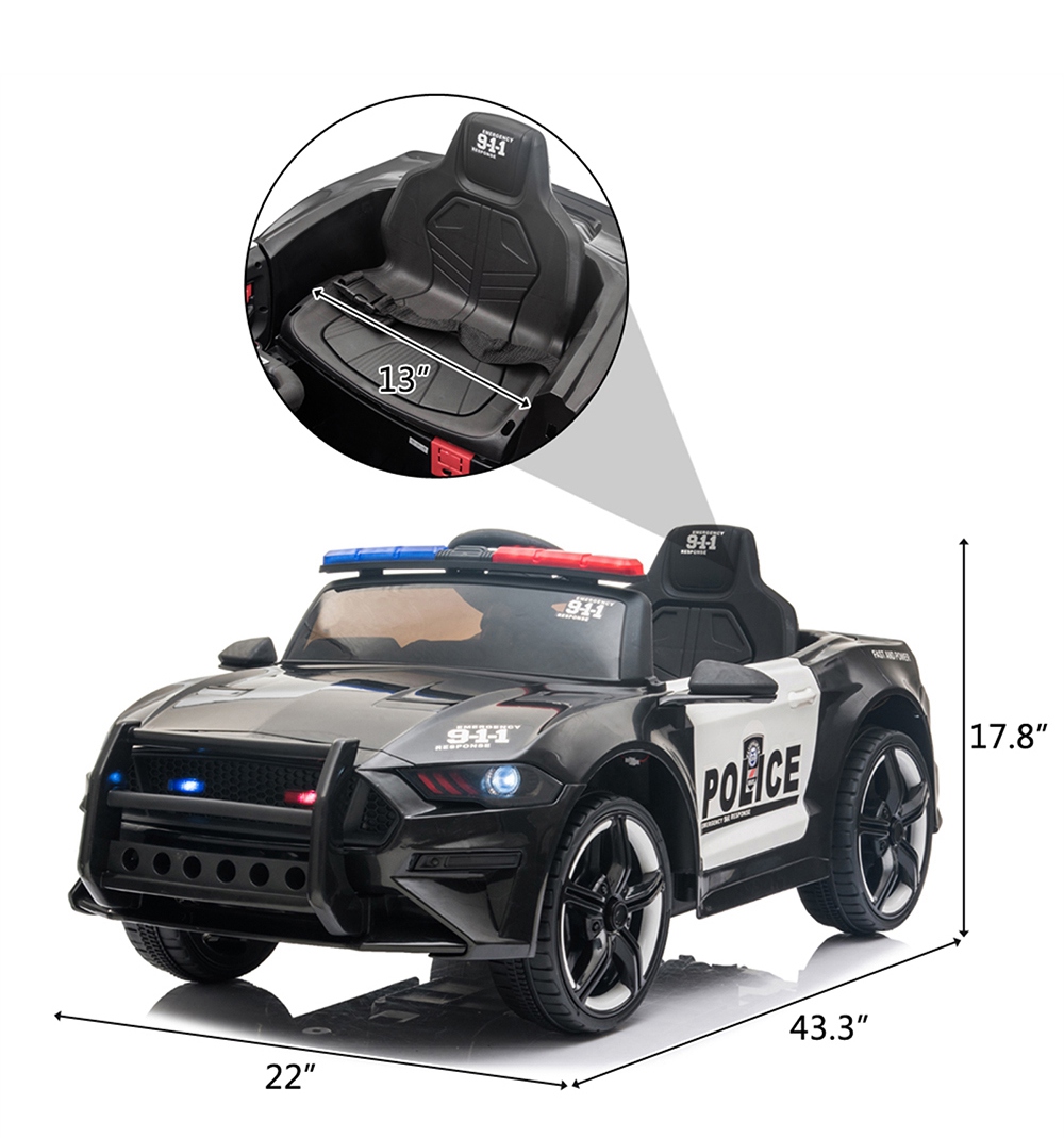 12V Kids Ride On Police Car with 2.4GHZ Remote Control LED Lights Siren Microphone - Black + White