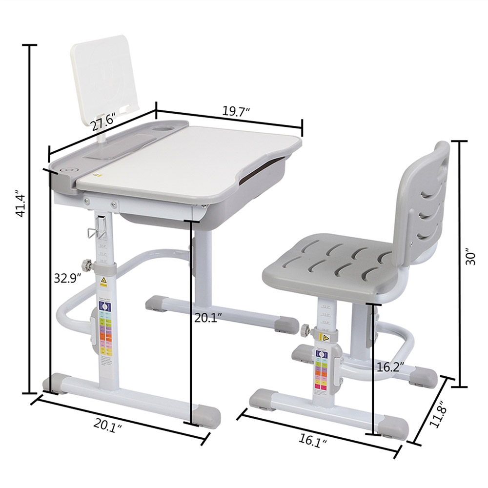 70 cm-es gyerek íróasztal és székkészlet emelőasztal dönthető teteje olvasó állvánnyal - szürke