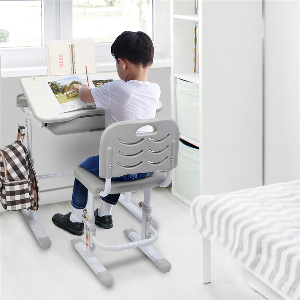 Scrivania da studio per bambini da 70 cm e set di sedie tavolo elevabile con piano inclinabile con supporto di lettura - grigio